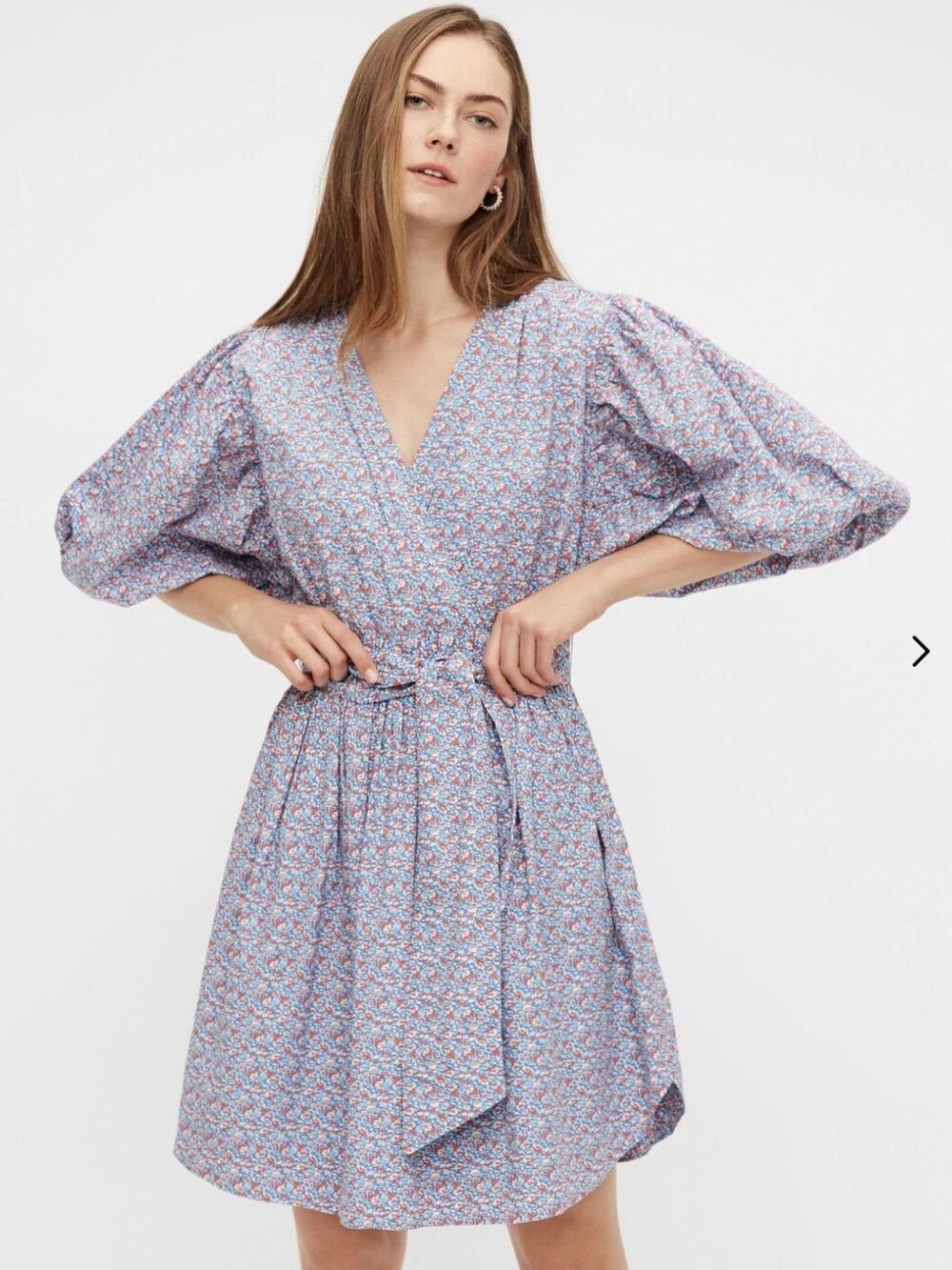 Y.A.S Cotton Mini Dress with Puff Sleeve Floral M Red Blue